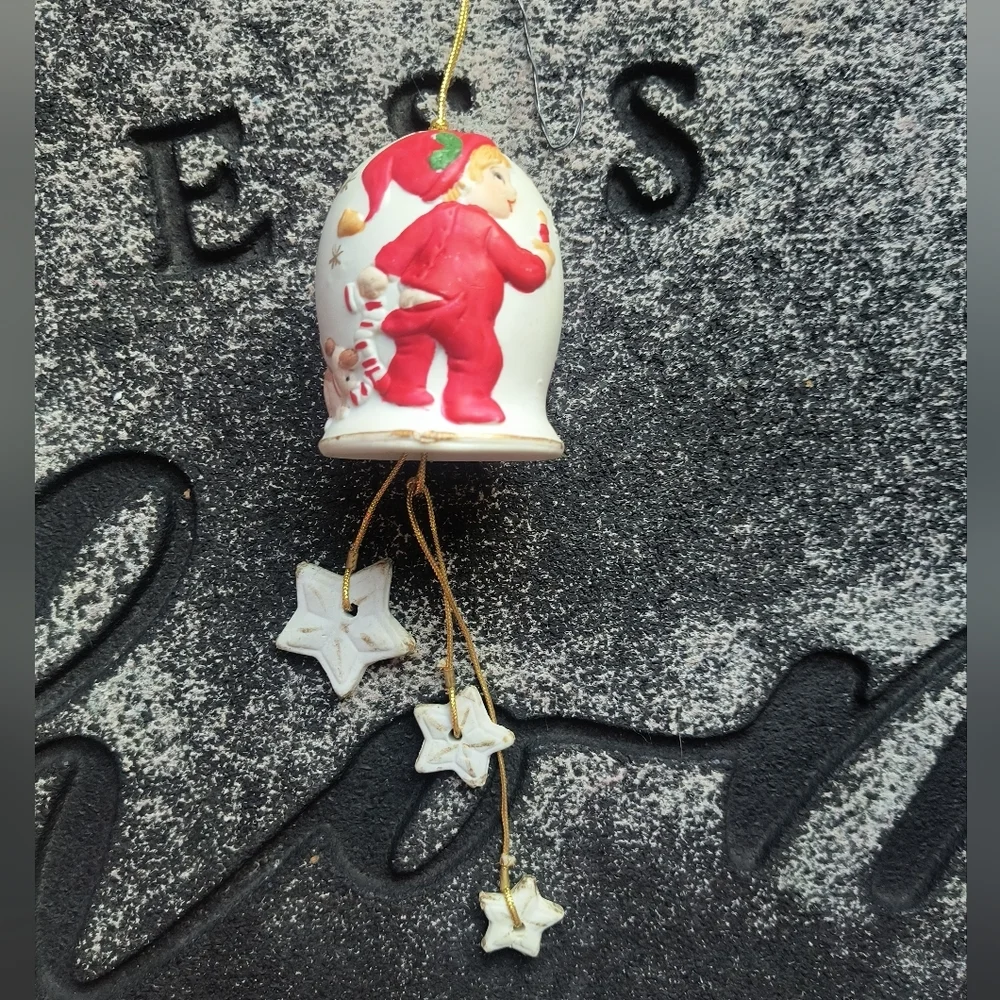 Christmas Chimes Jasco Ceramic Boy In Pajamas And Dog 1980 Vintage Bell Ornament